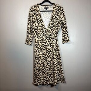 Banana Republic Leopard Print Wrap Dress Knee Length Tan Black M 472569